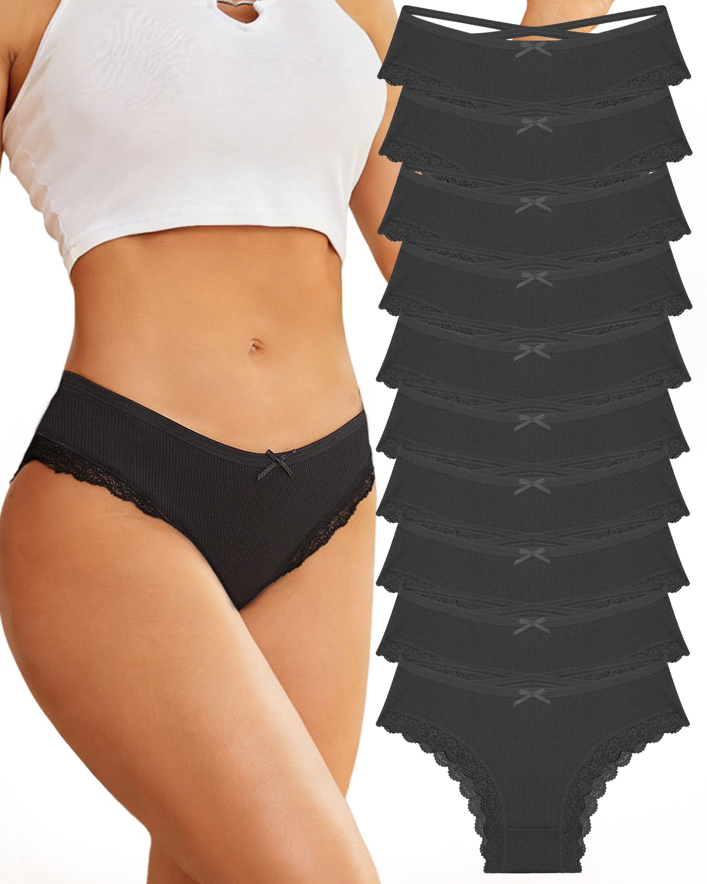 10 Pack Cotton Underwear for Women Criss Cross Lace Trim Panties