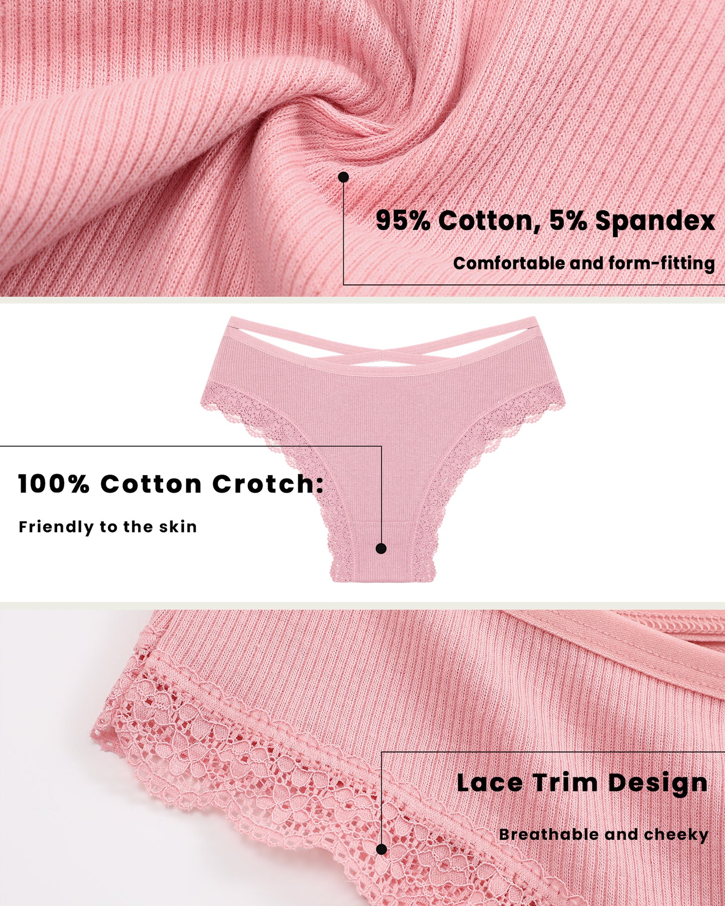 10 Pack Cotton Underwear for Women Criss Cross Lace Trim Panties
