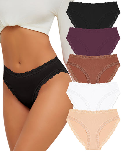 5 Pack Cotton Underwear for Women Lace Bikini Panties