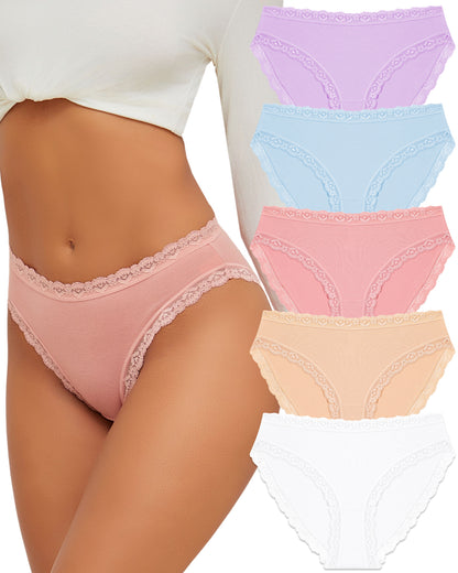 5 Pack Cotton Underwear for Women Lace Bikini Panties